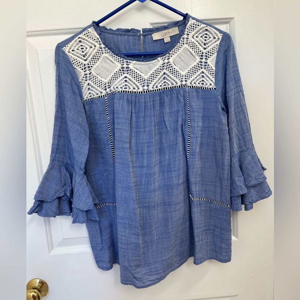 LOFT Chambray 3/4 Length Double Bell Sleeve Blouse with Cream Crochet Detailing